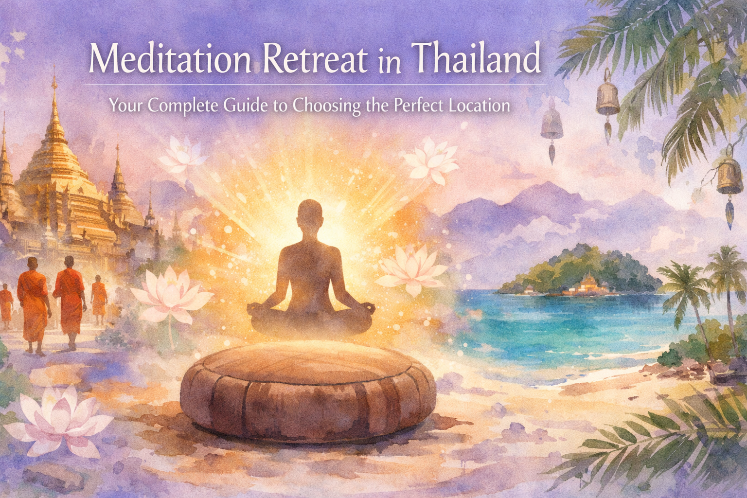Watercolor illustration combining Thai temple, tropical beach, and mountains with meditating figure, representing meditation retreat locations across Thailand